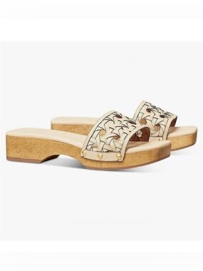 Tory Burch Basketweave Calfskin Cream Clog Sandals Wooden Shoes